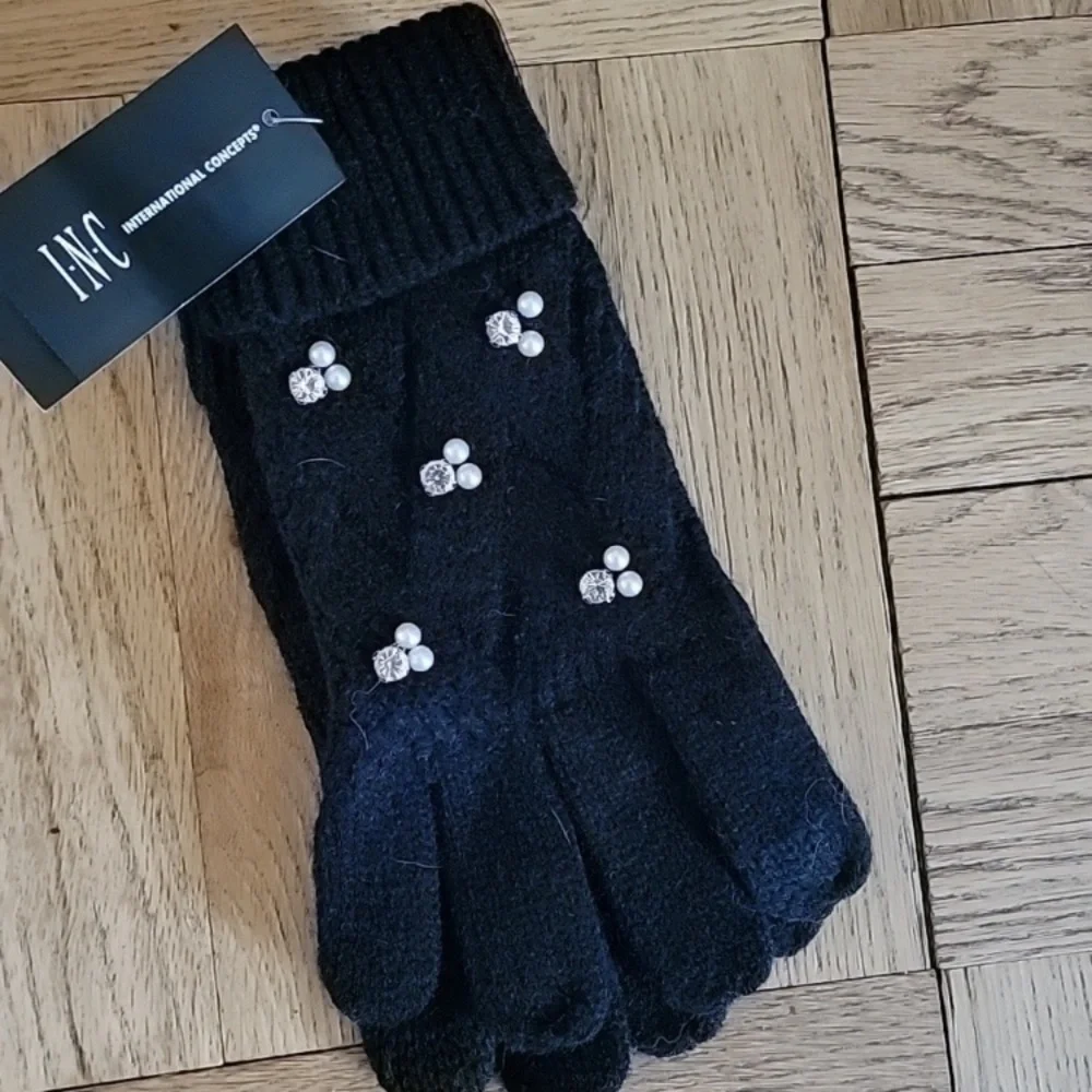 INC International Concepts Black Gloves with Pearl and Rhinestones
